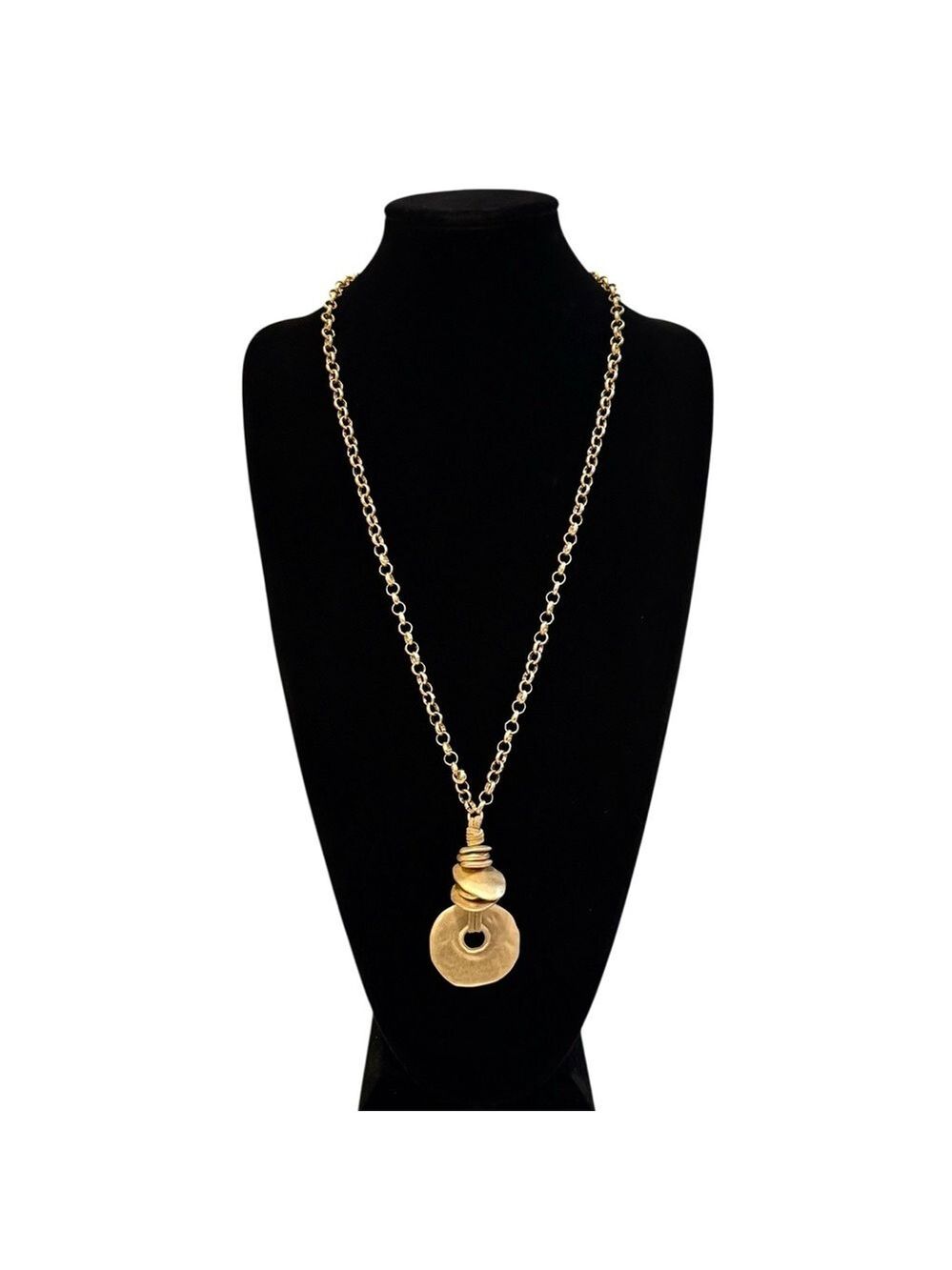 CHICO’S Sculptural Long Gold Disc Pendant Necklace | NWOT
